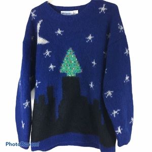 Ben Sprout Vintage Christmas Sweater Tree & City Skyline Mohair Size Large
